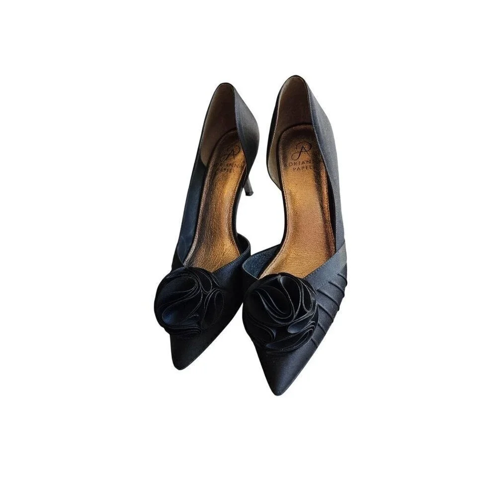Black Satin Peep Toe Heels With Rosette Detail 3.5